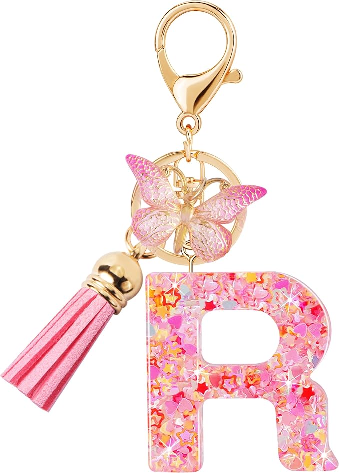 Initial letter Keychains for Women Girls Tassel Butterfly Cute Keychain for Wallet Backpack charm
