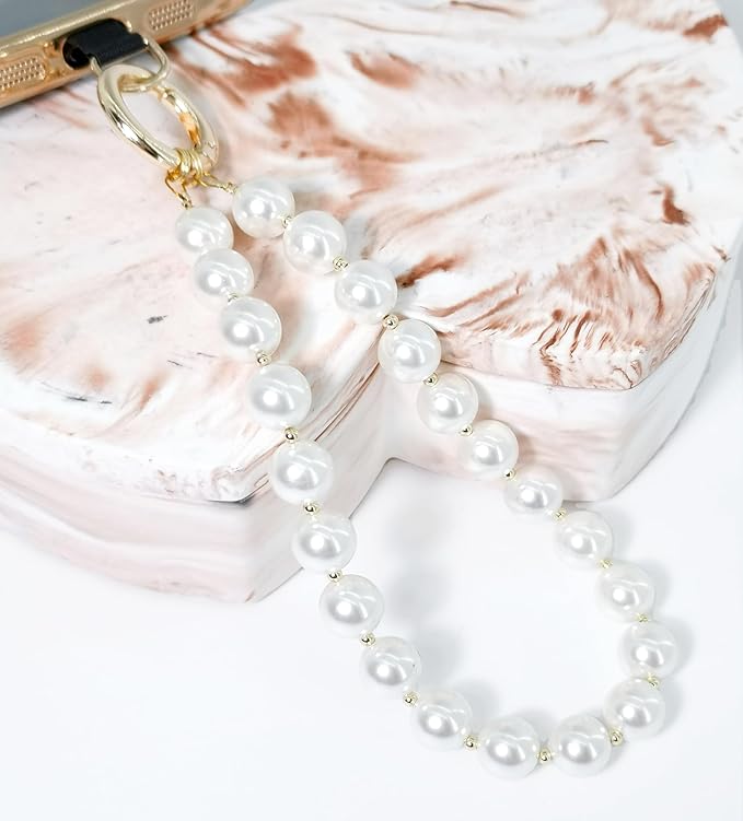 Beaded Phone Wrist Strap Phone Lanyard Pearl Beaded Hand Strap Wristlet Detachable Smartphone Wrist Lanyard (Pearl White)