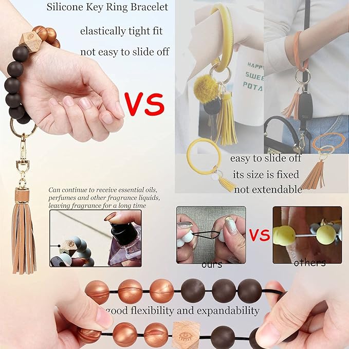 BIHRTC Key Ring Bracelet Car Keychain Holder Wristlet Silicone Women Beaded Bangle Chains