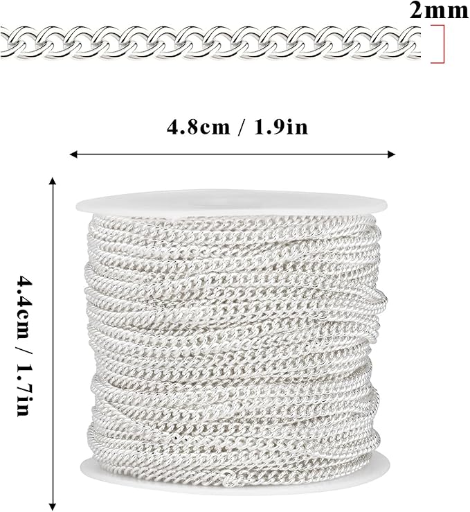 33 Feet Silver Curb Chains Bulk, 2mm Silver Plated 304 Stainless Steel Twisted Link Chains Roll Spool for Jewelry Making DIY Craft