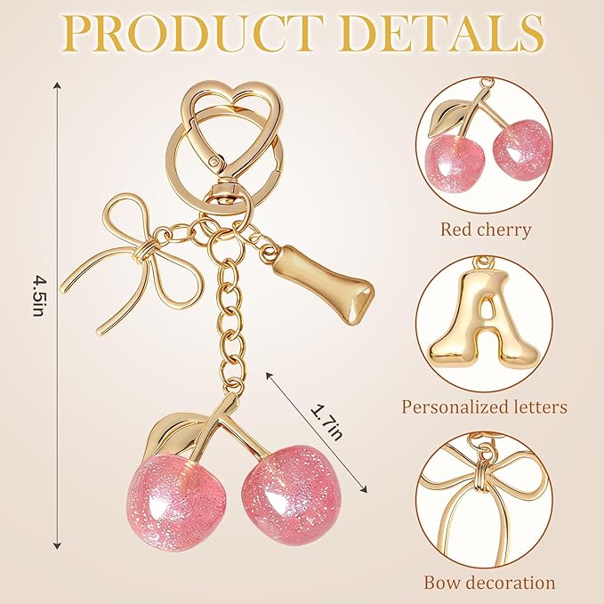 Snycler Bubble Initial Keychain with Cherry & Bow - Gold Letter Bag Charms for Women, Cute Purse Handbag Accessories