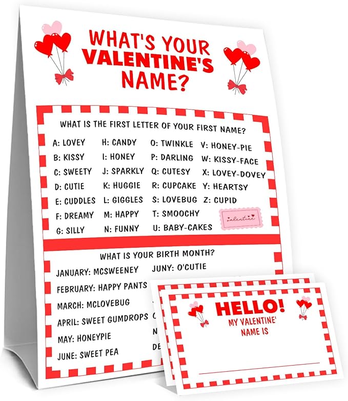 What's Your Valentine Name Game Set,Valentine's Day Party Games for Couples and Friends, Romantic Party Decorations,1 Double Sided Valentine Game Sign and 30 Stickers,5x7 Inch