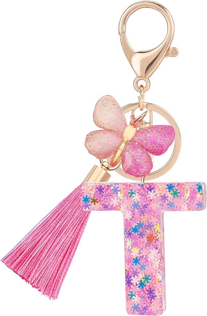 Suweibuke Cute Pink Key Chains for Women Girls, Initial Letter Keychains with Tassel, Charms for Key Purse Handbags Backpacks