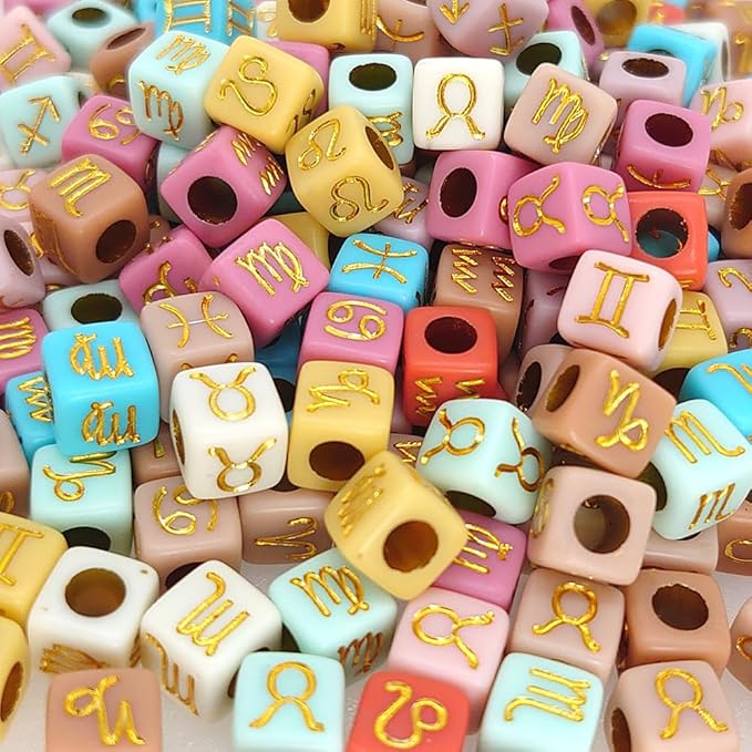200+ Pieces 7x7mm Colorful Gold Cube Acrylic Alphabet Zodiac Charms Constellation Beads Mixed Plastic Shape Loose Beads forJewelry Making Bracelets Necklaces Key Chains (Gold on Colorful)