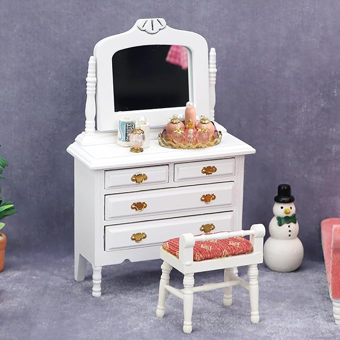 Dollhouse Makeup Vanity with Mirror & Perfume Tray 1/12 Miniature Dressing Table for Dollhouse Bedroom Furniture Decoration