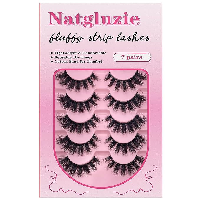 Natgluzie Eyelashes Wispy Lashes Strips - Russian D Curl Strip lashes, 3D Volume Mink Eyelash for Dramatic Look, 7-Pairs Fluffy False Eyelashes