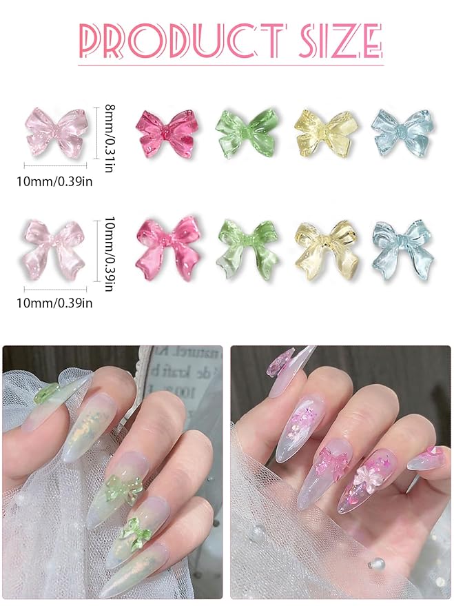 100 Pcs Bow Nail Charms, CYHYII 3D Clear Jelly Mix Color Resin Bow Nail Art Gems Accessories for Women Girls Nail Decorations DIY Craft Jewelry (2 Styles)