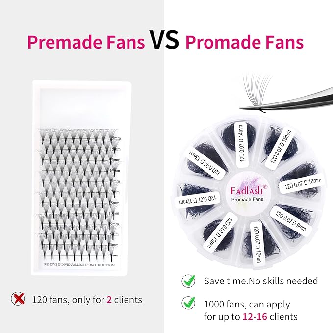 Lash Extension 1000pcs Mixed Premade Fans Eyelash Extensions D Curl Promades Eyelash Volume Lash Extensions Loose Fans Pre Made Volume Lashes Pointed Base (12D-0.07D, 9-16mm)