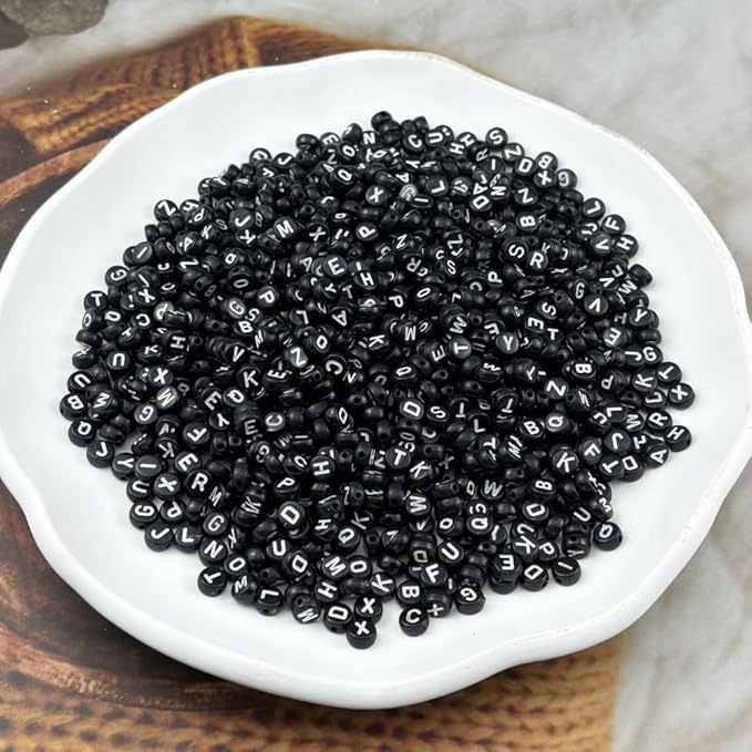 1000pcs Round Letter Beads 4x7mm Acrylic Alphabet Beads Spacer Beads for Jewelry Making Bracelets Necklace Earring Key Chains DIY Craft(L-White Letter Black Bead)