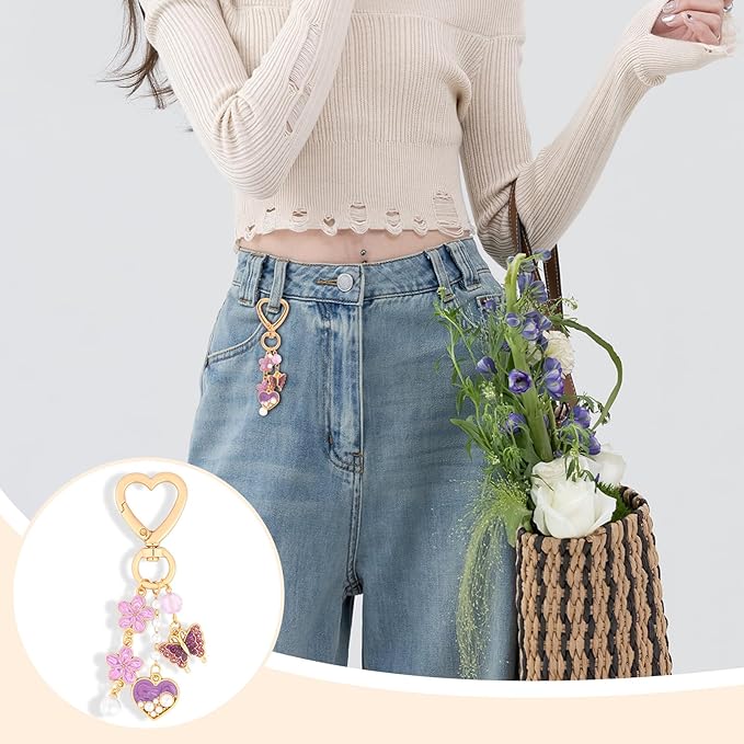 Y2K Keychain Set Heart Butterfly Pearl Flower Bag Charms,Cute Aesthetic Accessories for Women Gifts Keys Bags Purse