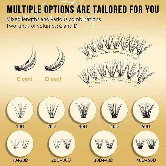 QUEWEL Lash Clusters 320Pcs Cluster Lashes 20D D Curl Lash Cluster Eyelash Extensions Mix9-16mm Individual Eyelashes Clusters Wispy Lash Clusters Thin Band Soft to Use at Home(20D D Mix9-16)