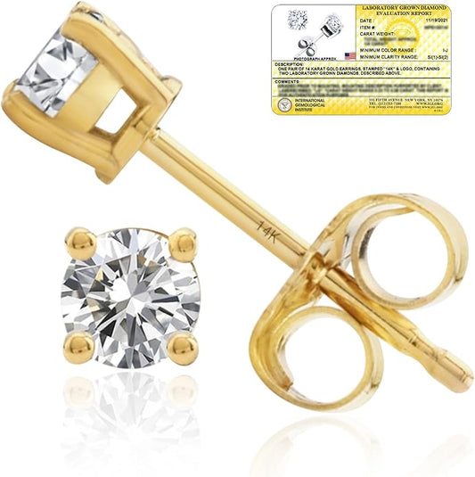 1/4-2 Carat IGI Certified Lab Grown Diamond Stud Earrings | Solitaire Real Diamonds Earring for Women in I-J Color & SI1-SI2 Clarity | 14K Gold Diamond Studs with Secure Backs by MAX + STONE
