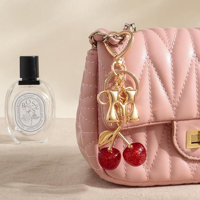 Snycler Bubble Initial Keychain with Cherry & Bow - Gold Letter Bag Charms for Women, Cute Purse Handbag Accessories