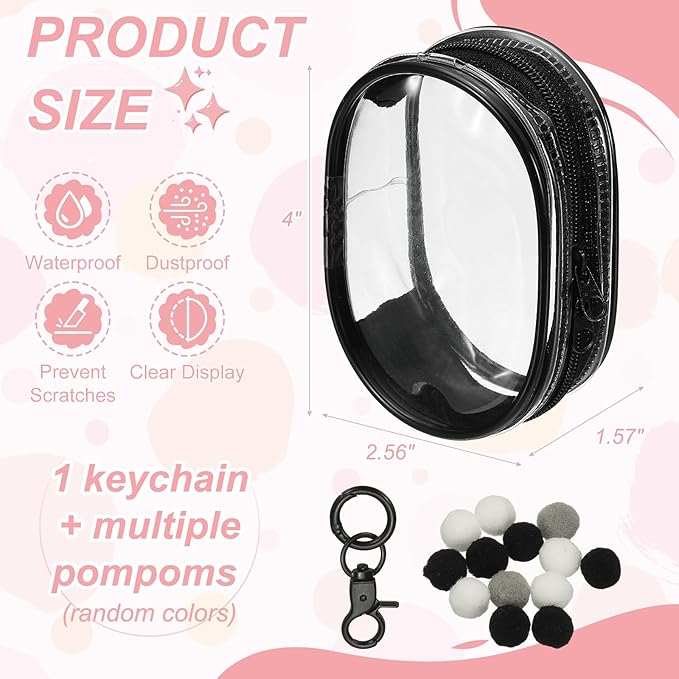 uxcell 4 Inch Clear Figure Display Bag, Mini Clear Pouch Waterproof Coin Pouch with Keychain and Pom Poms for Blind Box Doll Display (Round, Black)