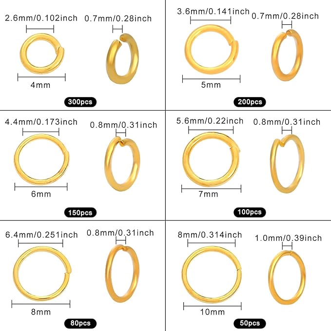 Gold Jump Rings 4mm 5mm 6mm 7mm 8mm 10mm Open Jump Rings Jewelry Making Supplies Jump Ring for DIY Bracelet Earrings Necklace Jewelry Findings Connectors O Ring