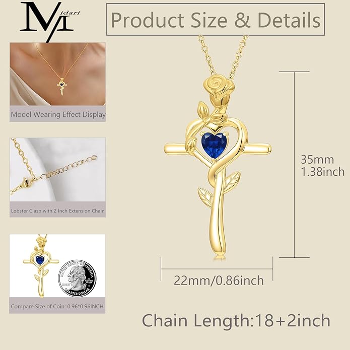 Midari 18K Yellow Gold Cross Pendant Rose Birthstone Necklaces for Women Christian Cross Jewelry with 12 Months Birthstone Birthday Gifts for Wife Her Daughter Mom