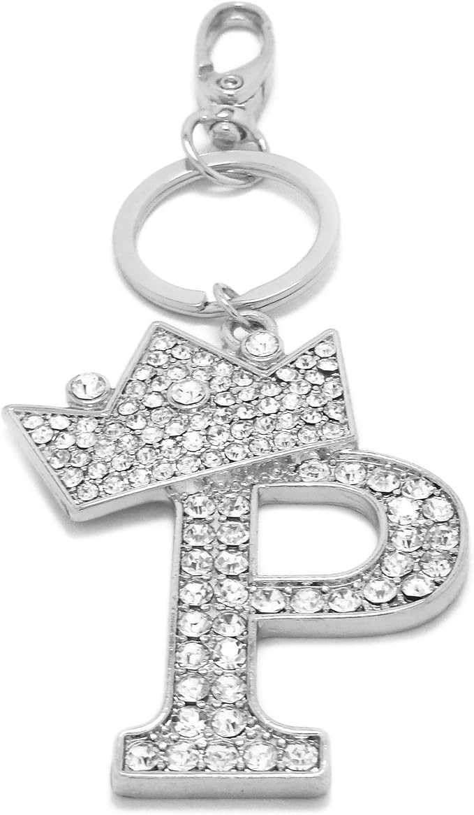 CBC Crown Crystal Rhinestone Letter Initial Keychain, Gold Metal, Bag Charm with Key Ring Approx. 2.17" x 2.56"