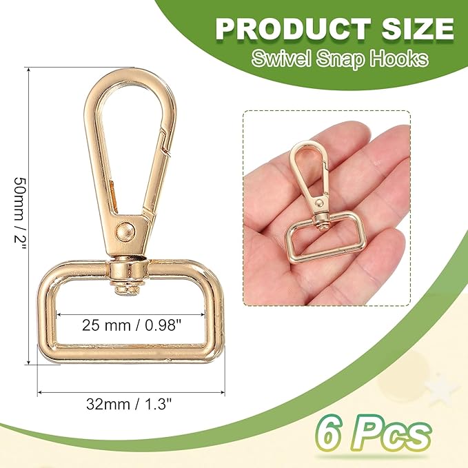 Swivel Snap Hooks, Metal D Ring Keychain Lanyard Clip Hook Lobster Clasp Claw Push Gate Clip - Fitting for(Purse Making - Sewing - DIY Crafts) 6 Pcs & 1" & Light Gold