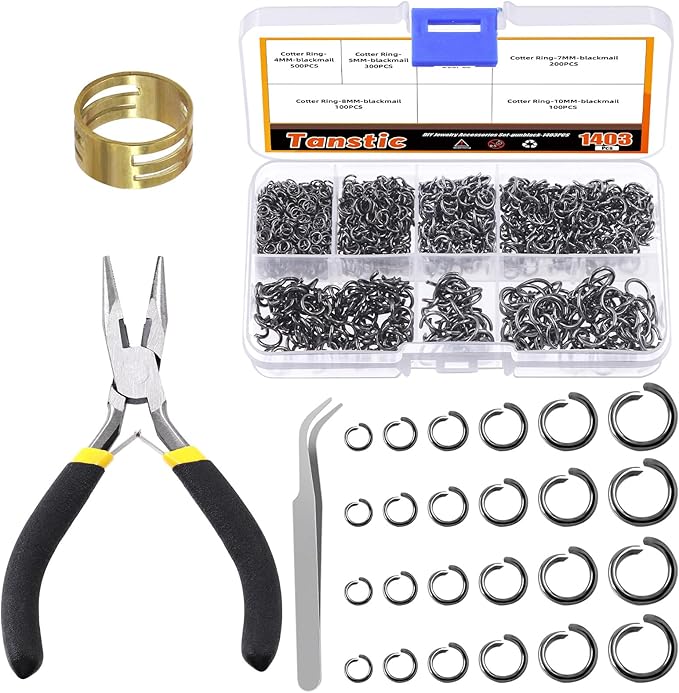 Tanstic 1403Pcs Black Open Jump Rings Kit, 4mm, 5mm, 6mm, 7mm, 8mm, 10mm Jewelry Jump Rings with Accessories for Jewelry Making