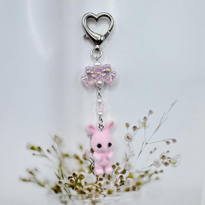 Cute Fuzzy rabbit Keychain for Women - Y2K Plush Bow Bag Charm Decor, Kawaii Kitty Pendant Gift for her