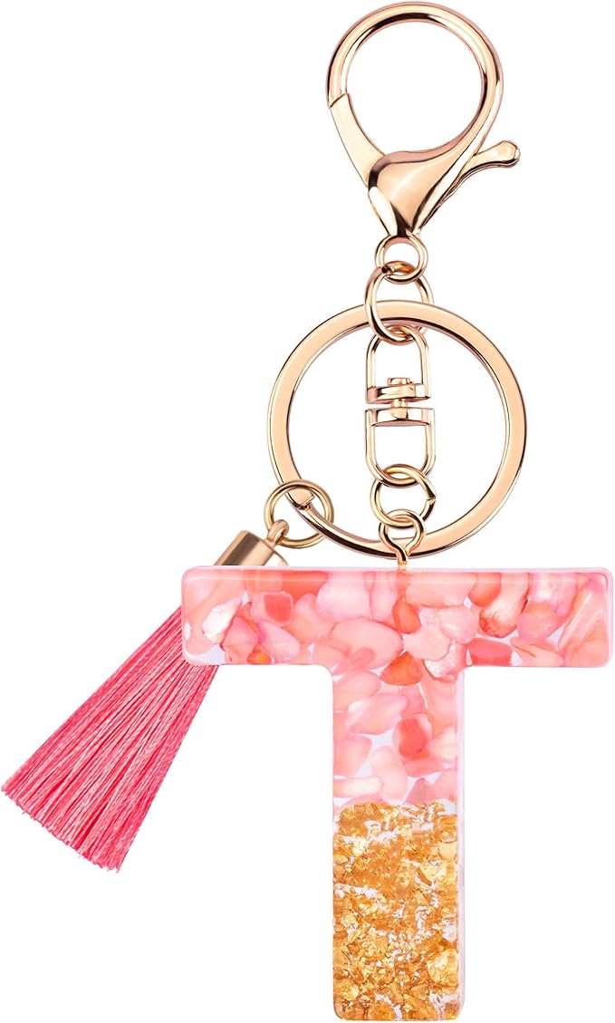 Suweibuke Cute Pink Key Chains for Women Girls, Initial Letter Keychains with Tassel, Charms for Key Purse Handbags Backpacks