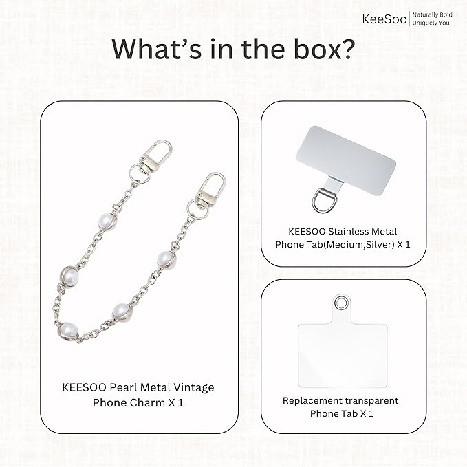Original Pearl & Crystal Metal Vintage Phone Chain, Versatile with Premium Silver Metal Phone Tab (White Pearl)