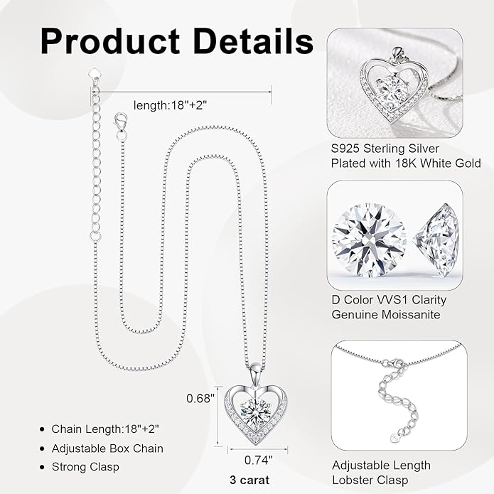 UnicoRing Moissanite Necklace for Women, Heart Pendant Engraved 'I Love You' Gifts for Wife, Valentine's Day Gift Anniversary Eternity Birthday Present Sterling Silver Jewelry for Her