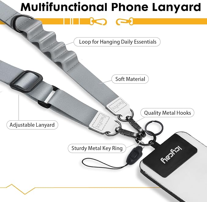 Phone Lanyard Crossbody, Silver Gray Cell Phone Strap for Around The Neck Adjustable, Anti Theft Cute Lanyard for iPhone Case ID Holder Keys Accessories Travel Essential