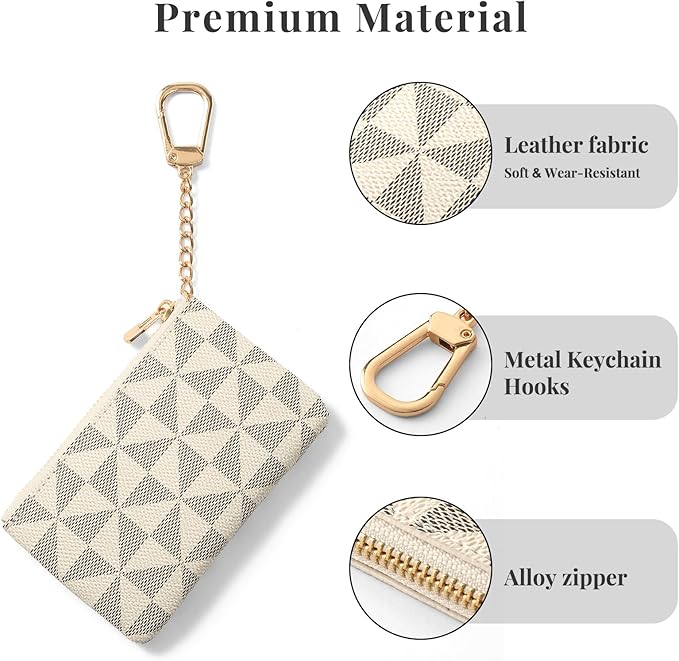 Leather Coin Purse for Women with KeyChain Small Zipper Change Purse coin Pouch Card Holder Wallet Clutch for Women & Men (White)