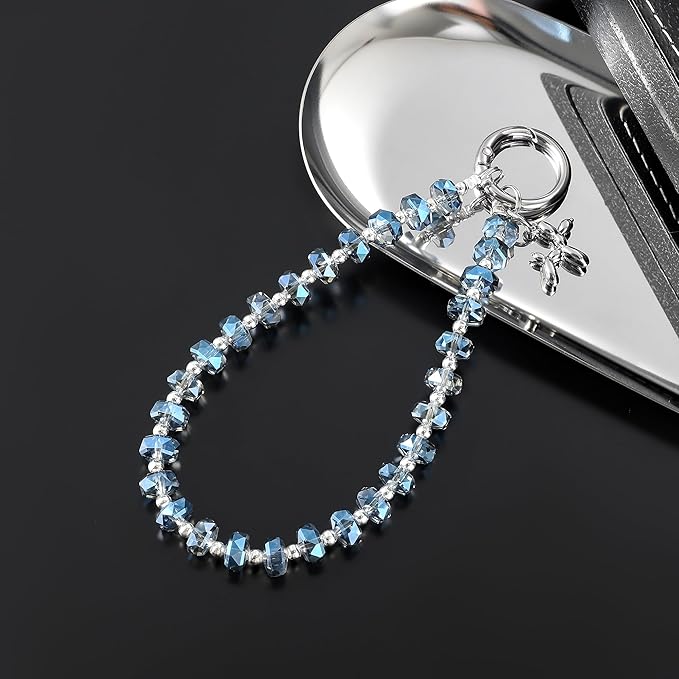 Crystal Phone Wrist Strap Phone Charm Chain Keychain Beaded Cellphone Lanyard with Tether Tab Hands-Free Wristlet Bracelet Wrist Grip Strap for Women, W-Blue