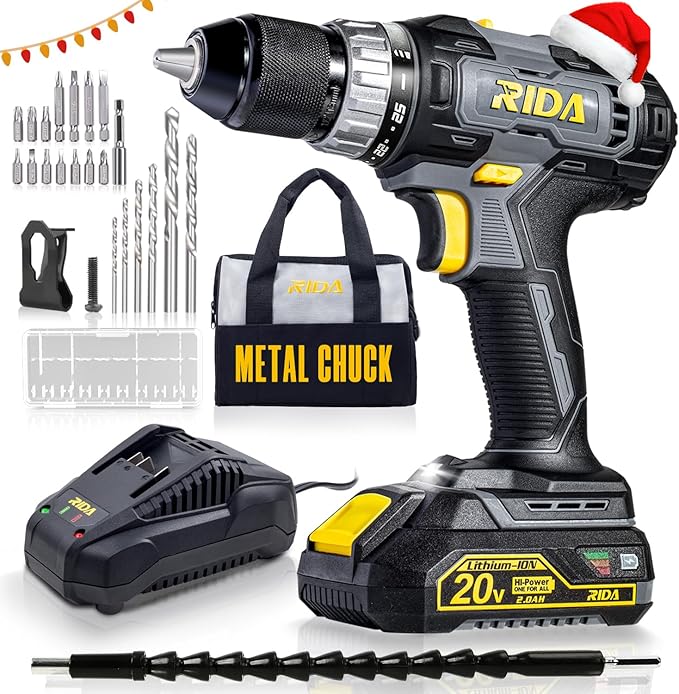 RIDA Cordless Drill Power Drill Cordless 20V 1/2'' Keyless Metal Chuck 355 In-lb(40N.m) Torque with 2.0AH Li-ion Battery & Fast Charger, Variable Speed, 25+1 Position and 22pcs Bits