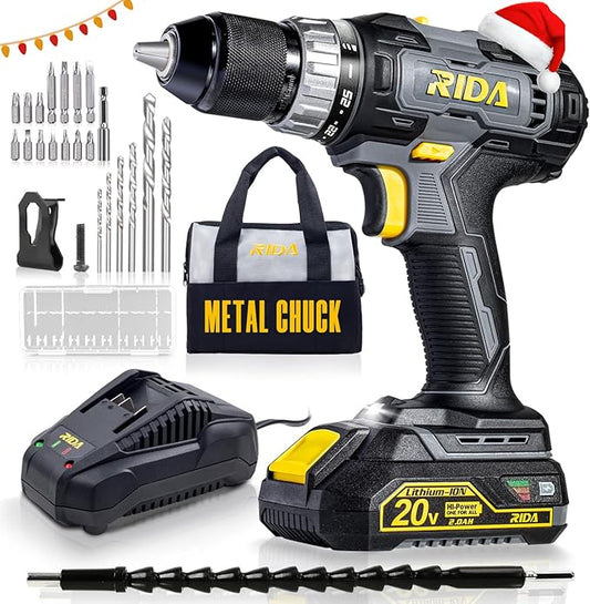 RIDA Cordless Drill Power Drill Cordless 20V 1/2'' Keyless Metal Chuck 355 In-lb(40N.m) Torque with 2.0AH Li-ion Battery & Fast Charger, Variable Speed, 25+1 Position and 22pcs Bits
