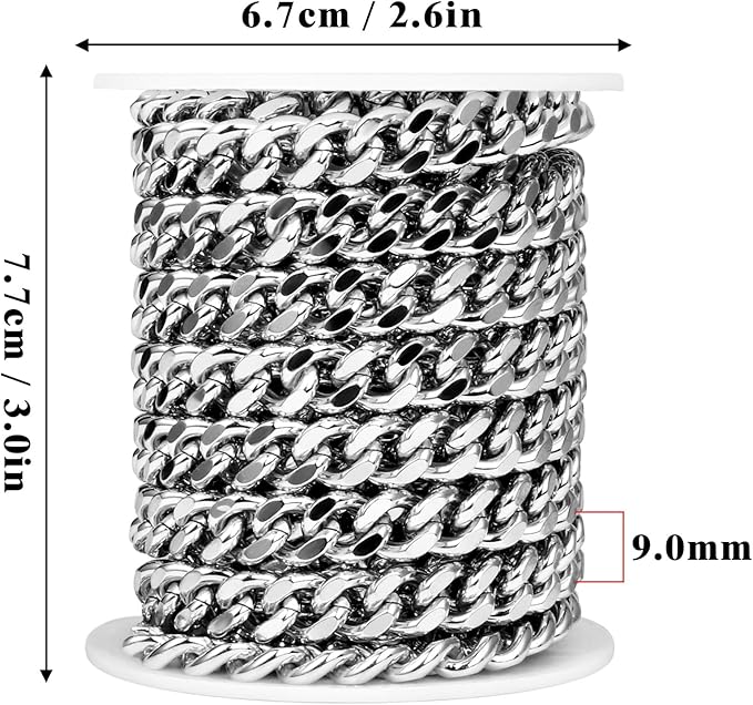 16.5 Feet Stainless Steel Cuban Chains Roll, 9mm Width Chunky Curb Link Chains Spool Bulk for Jewelry Meking