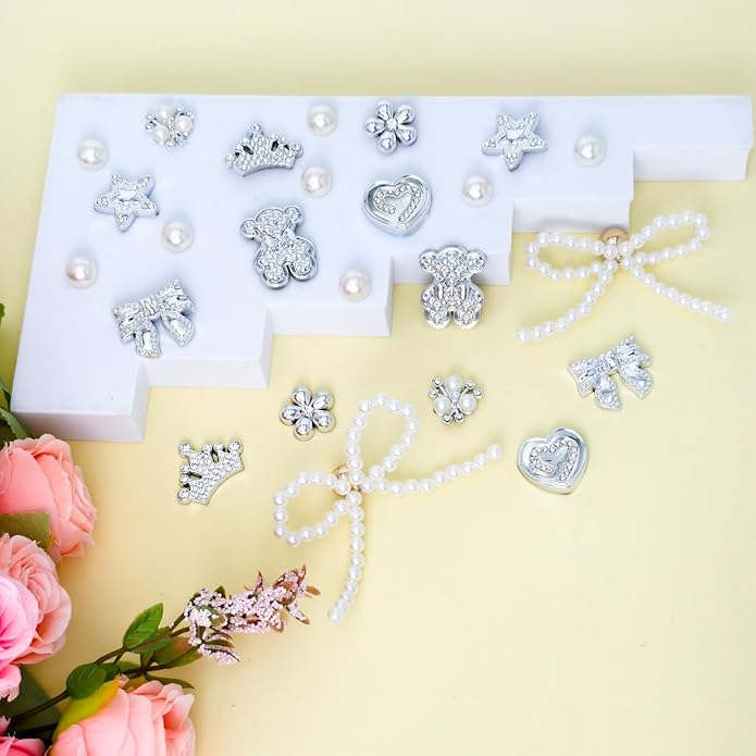 24Pcs Bling Pearl Bow Shoe Charms for Clog Sandals Women, Bear, Flower, Pearl Accessories, DIY Shoe Decoration Charms for Girls
