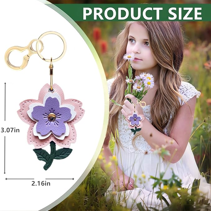 Leather Keychain Holder Case Compatible with AirTag,Cute Protective Apple Air Tag Cover with Keychain Ring,Anti-Scratch Finder GPS Tracker Case for Wallet Keys,Bag,Pets(Flower E)