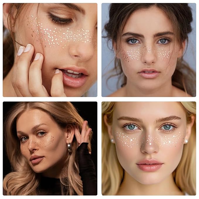 24pcs Glitter Freckle Tattoos Face Body Sparkle Patches for Festivals, Face Glitter Patches with Stars Gold Silver Holographic Faux Freckles