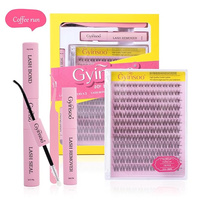 Gyinsoo DIY Lash Extension Kit "Coffee Run" - 132Pcs Natural Wispy Cluster Lashes (8-18mm Mix) with Bond and Seal - D Curl Airy Individual Lashes for Effortless Daily & Office Look