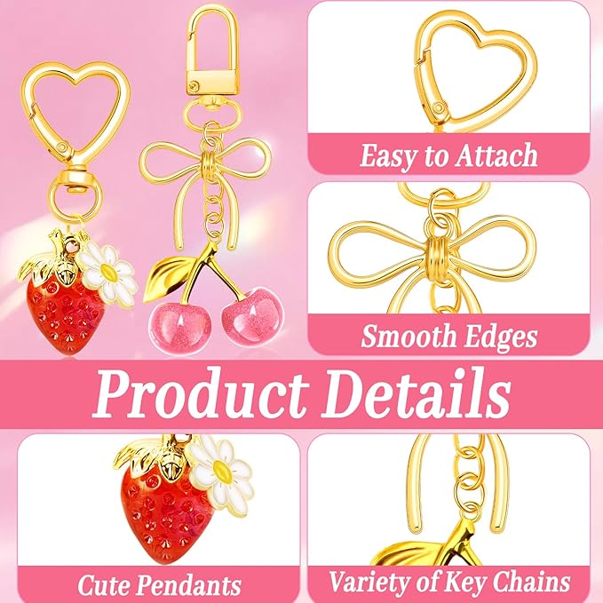 Bag Charms for Handbag Cherry Strawberry Bow Keychain Cute Purse Charms Accessories for Women Tote Bag Fruit Charm