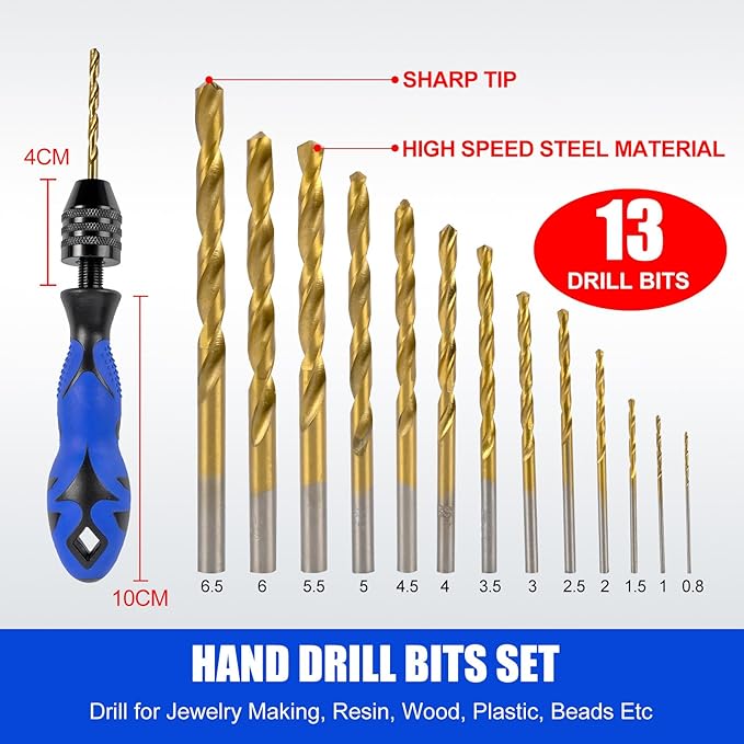 Pin Vise Adjustable 0.8~6.5mm with 13 Pcs Drill Bits HSS Twist Drill Bits Set(0.8mm-6.5mm) for Wood, Jewelry, Plastic, Beads Etc