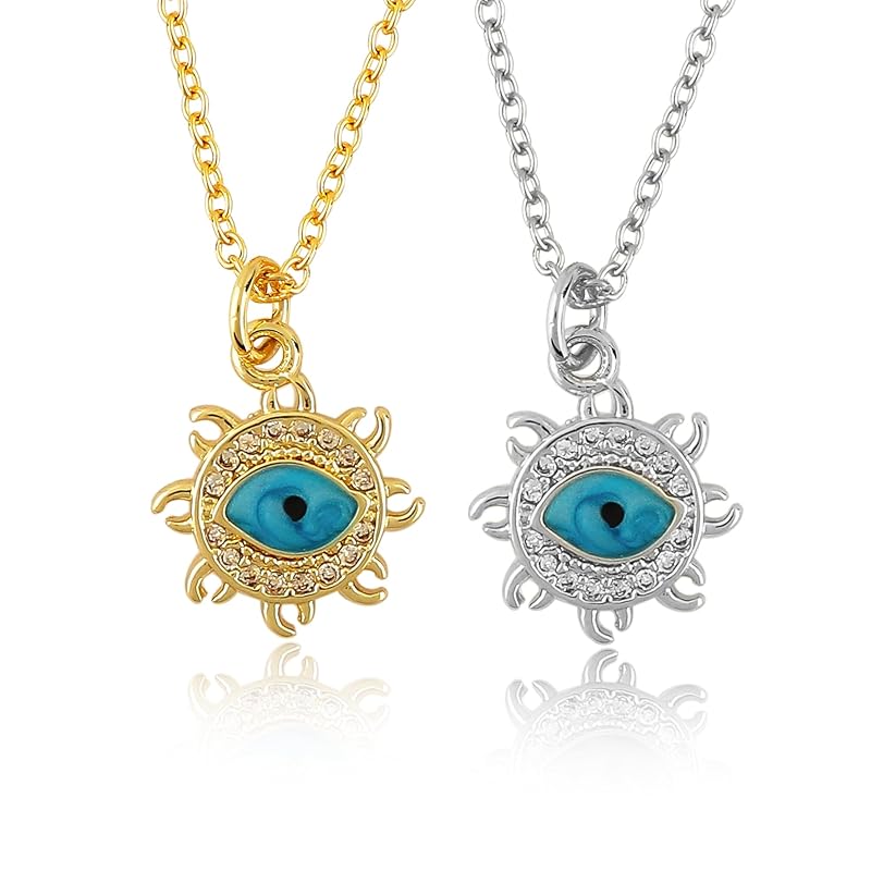JOR Evil Eye Charm Pendant Necklace, Women Jewelry, Dainty Gold & Silver Plated Chain 18 inch (Pack of 2)