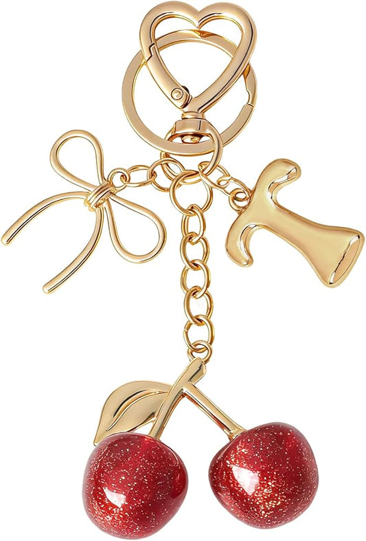 Snycler Bubble Initial Keychain with Cherry & Bow - Gold Letter Bag Charms for Women, Cute Purse Handbag Accessories