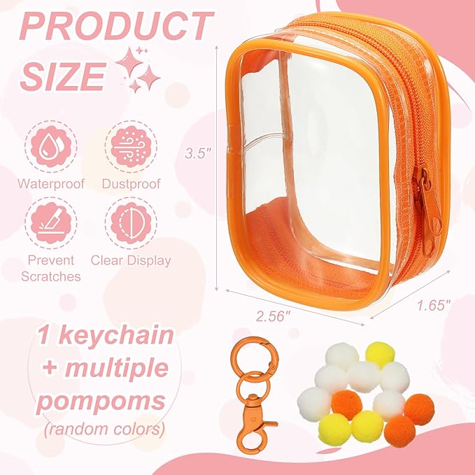 uxcell 3.5 Inch Clear Figure Display Bag, Mini Clear Pouch Waterproof Coin Pouch with Keychain and Pom Poms for Blind Box Doll Display (Square, Orange)