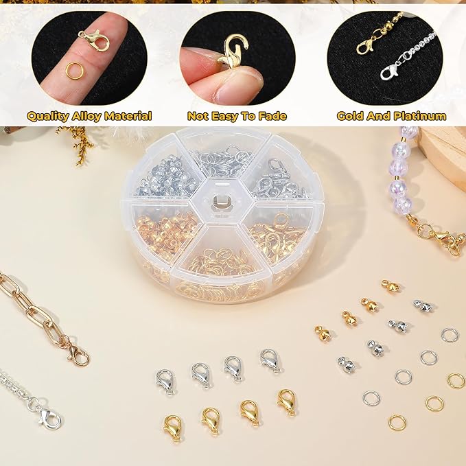Gold Silver Jewelry Making, 460PCS Zinc Alloy Jump Rings, Lobster Claw Clasps, Bead Tips Knot Covers for Bracelets, Necklaces, Earrings, Keychains, DIY Crafting