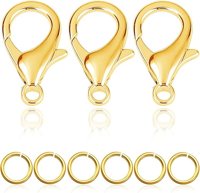 90PCs Fadeless Lobster Claw Clasps (10mm) & Jump Rings for Jewelry Making, Necklace Bracelet Findings & Supplies (18K Gold Plated)