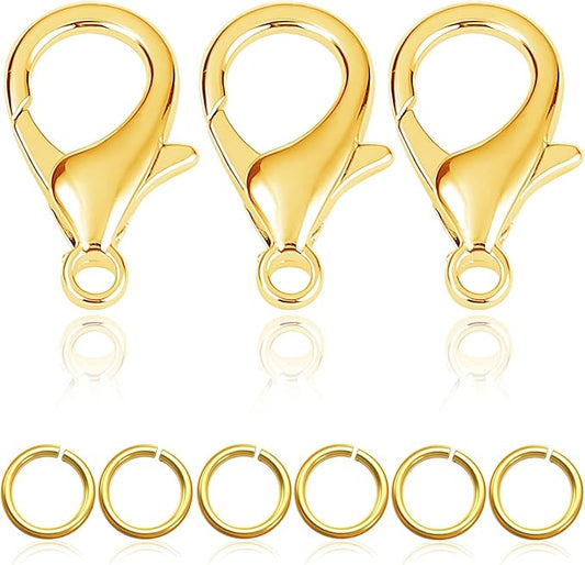 90PCs Fadeless Lobster Claw Clasps (10mm) & Jump Rings for Jewelry Making, Necklace Bracelet Findings & Supplies (18K Gold Plated)