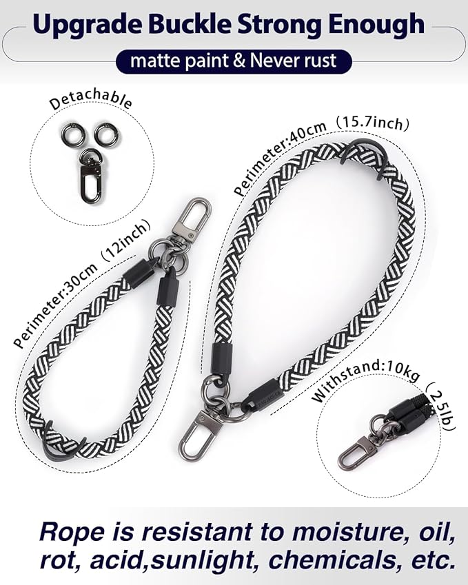 project-cb Hand Wrist Phone Strap,Phone Lanyard Patch ×2,Cell Phone Case Holder,Wristlet Strap for Key,AirPods,Camera (White-Black, 12inch)