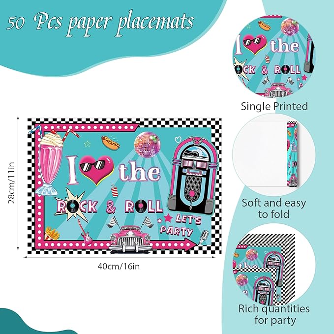 50's Party Placemats Paper Placemats Disposable 50 Pack 16x 11 Inch Rock and Roll 1950's 70s 80s 90s Rocking Paper Table Mats for Music Birthday Party Anniversary Table Decoration