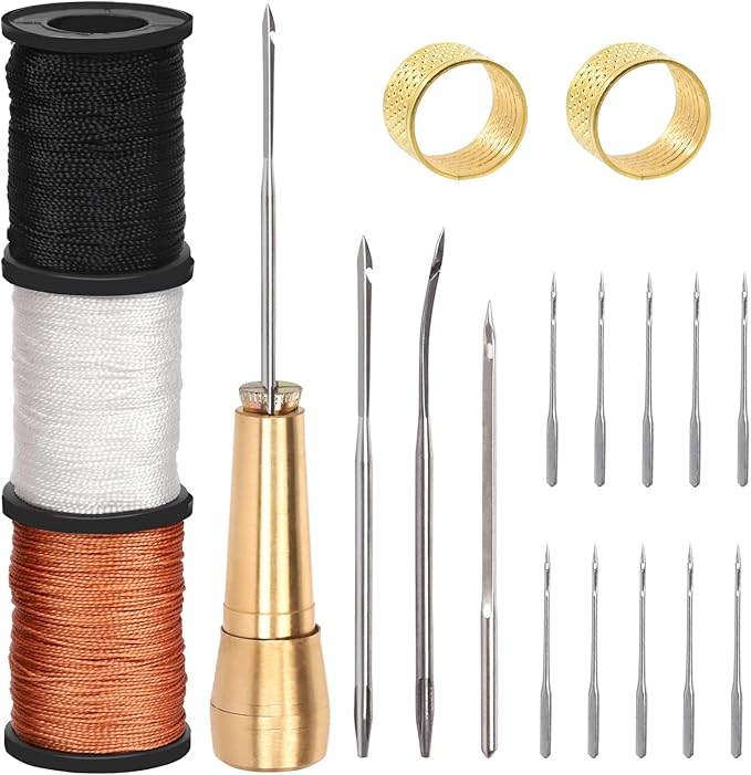 Wokape 19Pcs Canvas Leather Sewing Awl Needles Assortment Kit Contains Straight and Curved Needles, 3 Colors 50m Waxed Nylon Cord Threads with Coils, Copper Handle, Thimbles for DIY, Leather Repair