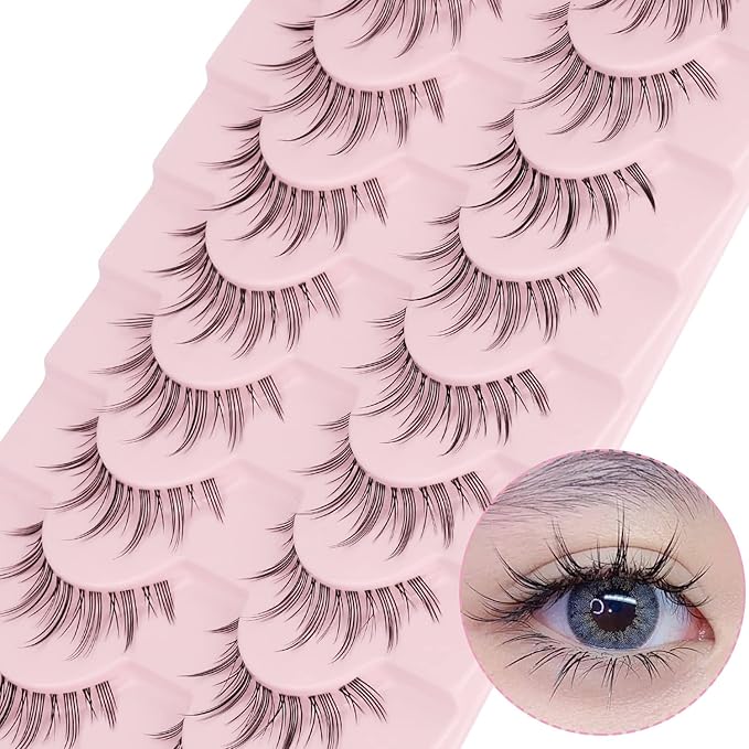 Manga Lashes Natural Look Japanese Anime Lashes Korean Asian Wispy Spiky Lashes with Clear Band Short Fake Eyelash 10 Pairs Pack by outopen