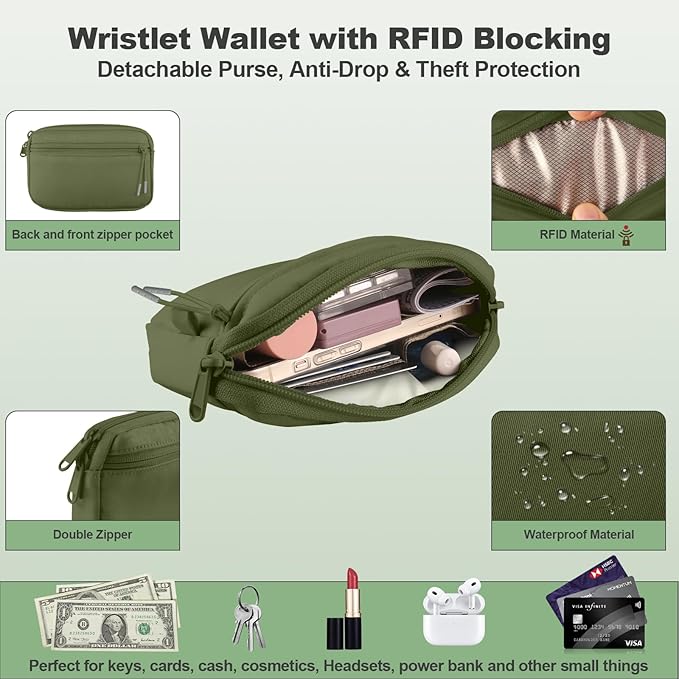 Clip and Go Strap for Phone with Wallet Crossbody, Adjustable Phone Lanyard with Detachable RFID Wristlet Wallet, Pattern Strap - Olive Green(M)
